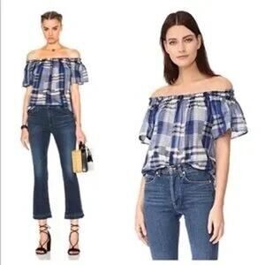 Ulla Johnson Amania Blue White Plaid Smocked Top Size 0